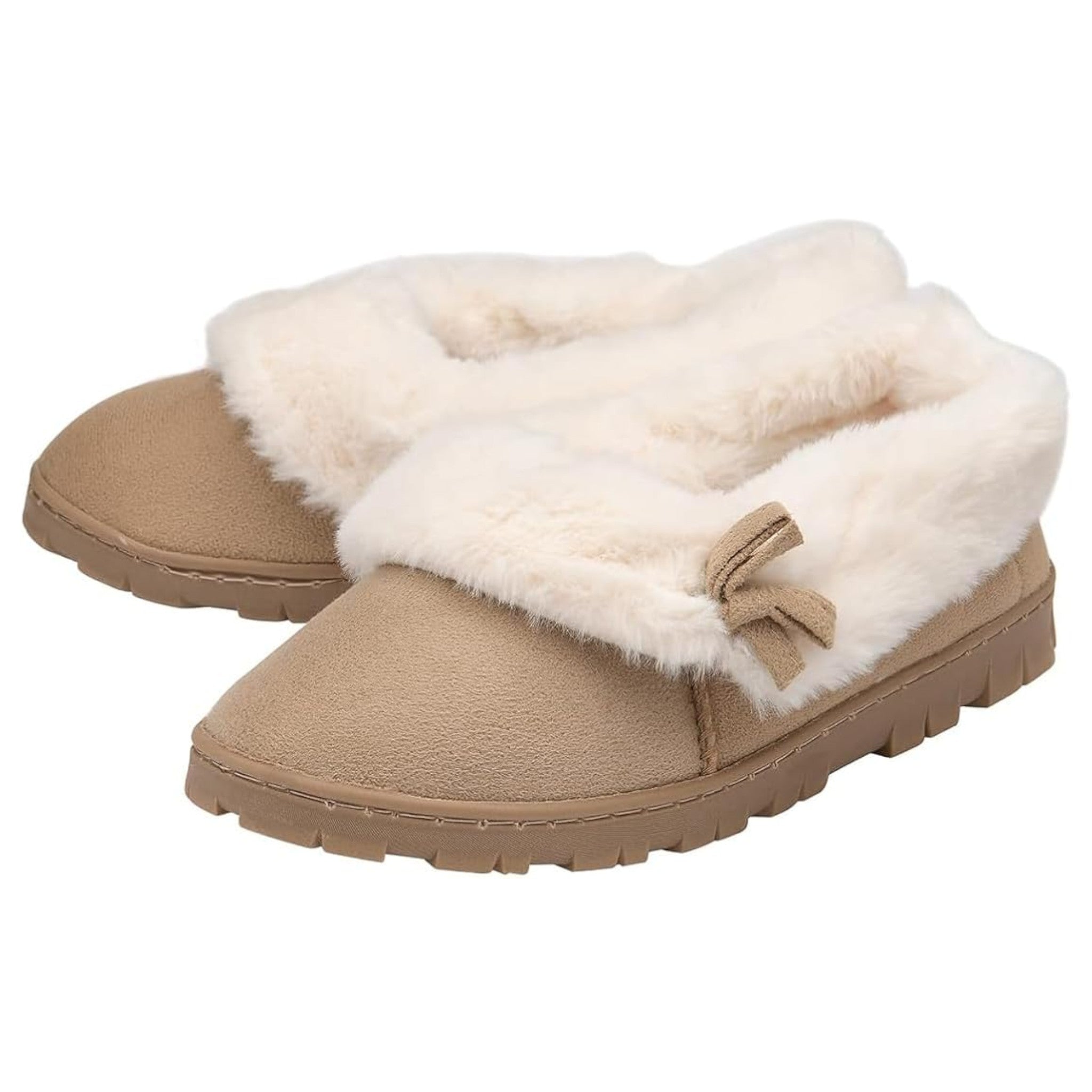 Women’s Dunlop slip-on slippers with bow detail and warm fleece lining in beige